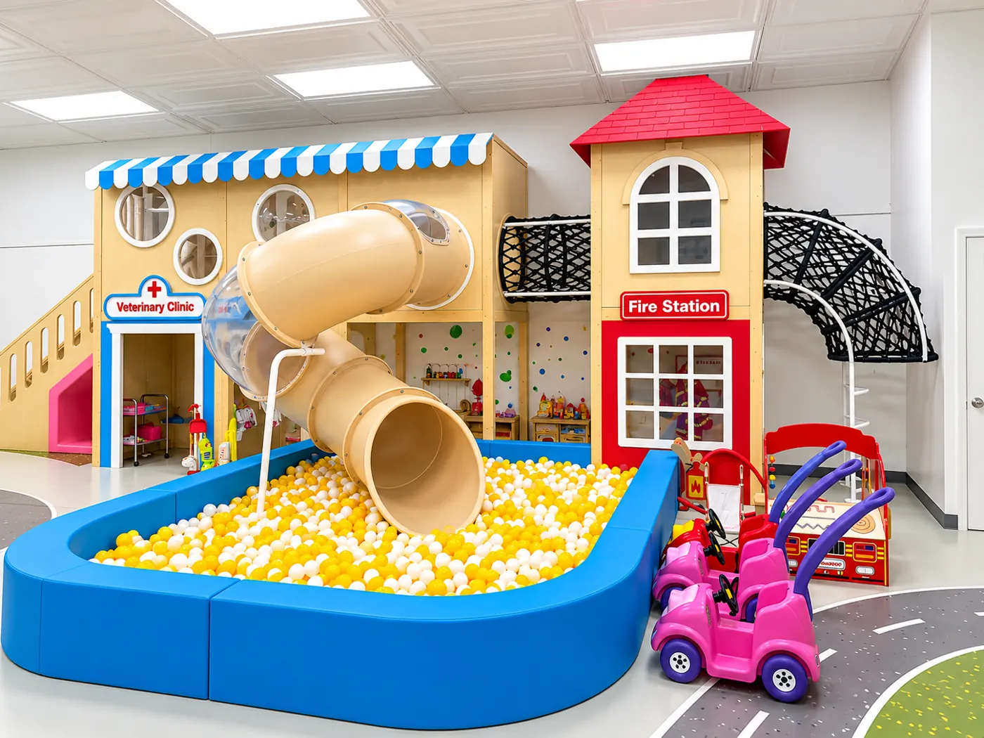 Fire station, slide and ball pit play area