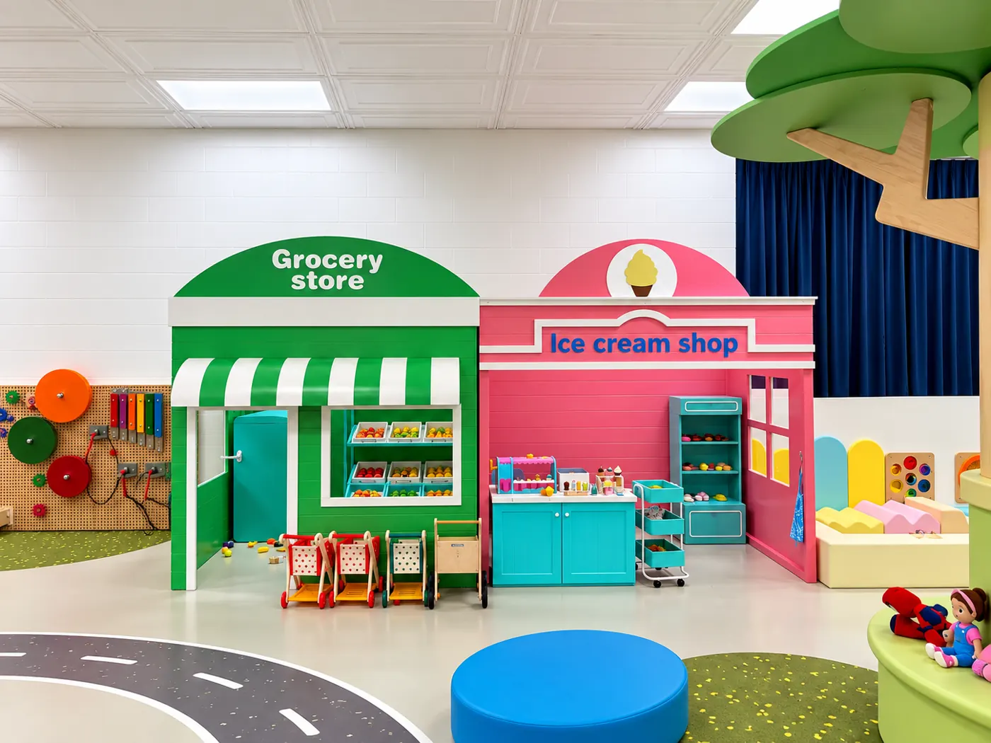 Grocery store and ice cream shop play areas